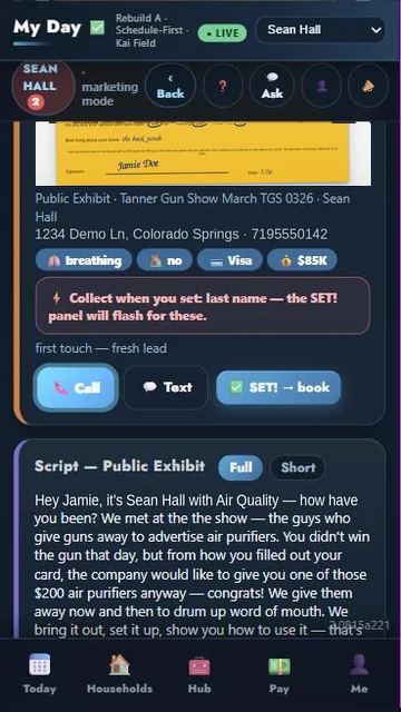 Jamie Doe’s lead card with Call, Text and SET! book buttons, and the Public Exhibit script below