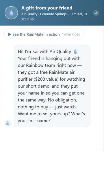 InstyKai customer page: A gift from your friend, with Kai offering to set up the demo