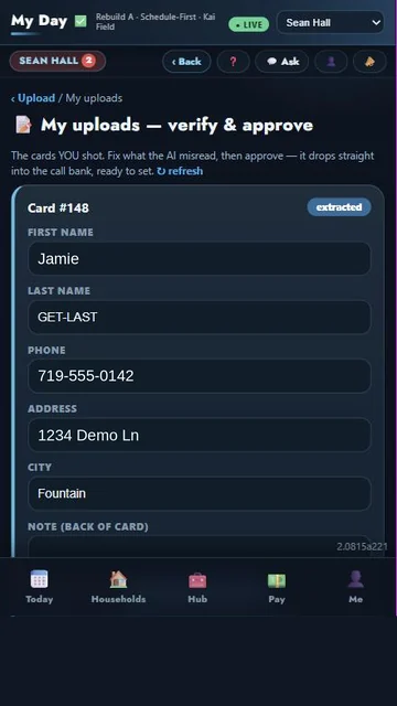 My uploads, verify and approve: card 148 read by OCR as Jamie, 719-555-0142, 1234 Demo Ln, Fountain