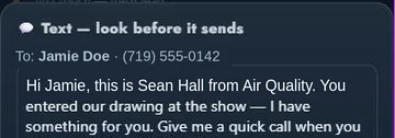 Text, look before it sends: to Jamie Doe, (719) 555-0142, Hi Jamie, this is Sean Hall from Air Quality